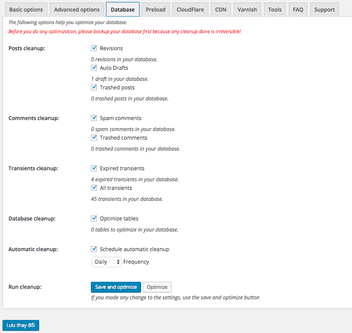 cài đặt database trong wp rocket